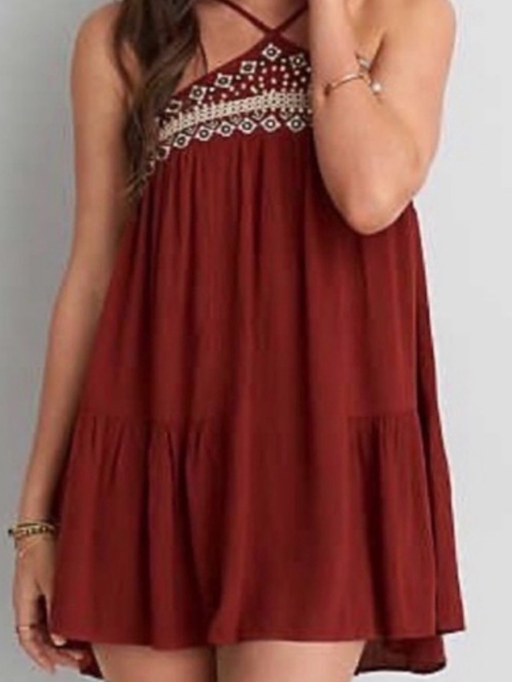 American Eagle Outfitters Rust Red Embroidered Mini Dress